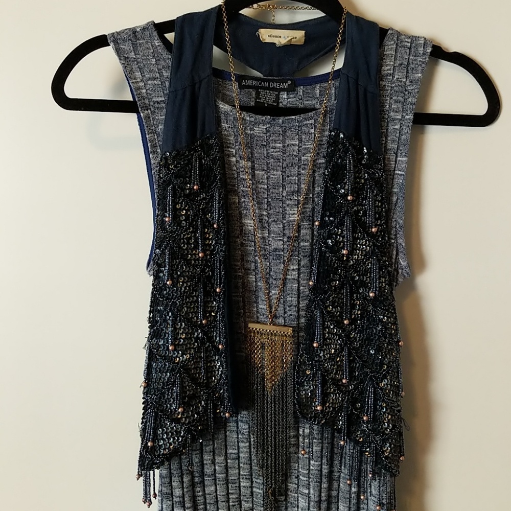 Navy sequin and beaded racerback open vest